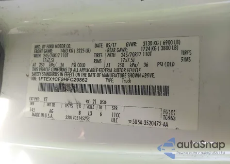 2017 Ford F-150 Xl из США, поврежденный, VIN 1FTEX1CF2HFC29862